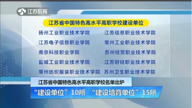 江苏省中国特色高水平高职学校名单出炉 “建设单位”10所“建设培育单位”15所