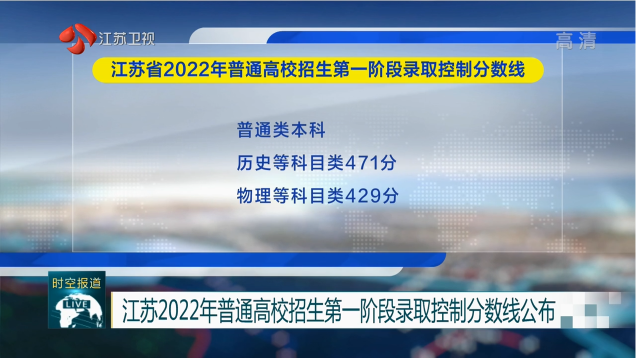江苏2022年普通高校招生第一阶段录取控制分数线公布